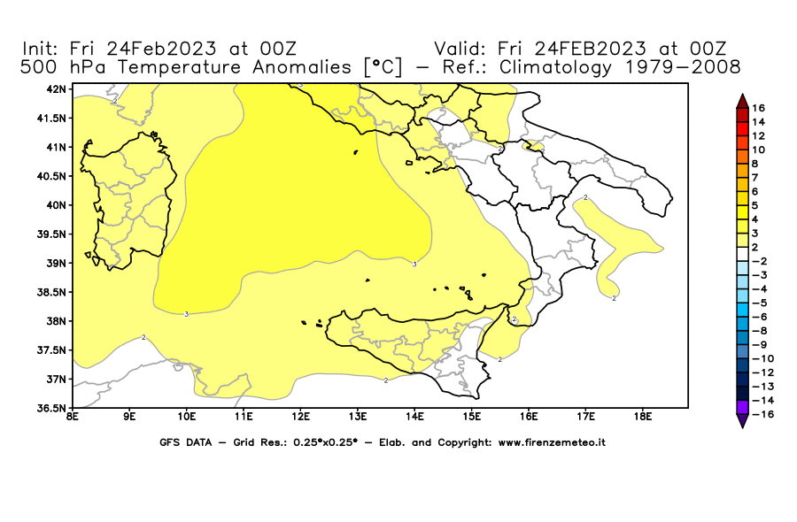 Mappa di analisi GFS - Anomalia Temperatura [°C] a 500 hPa in Sud-Italia
							del 24/02/2023 00 <!--googleoff: index-->UTC<!--googleon: index-->