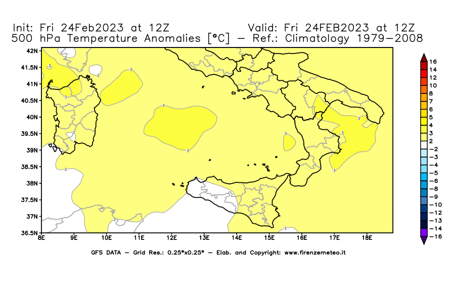 Mappa di analisi GFS - Anomalia Temperatura [°C] a 500 hPa in Sud-Italia
							del 24/02/2023 12 <!--googleoff: index-->UTC<!--googleon: index-->