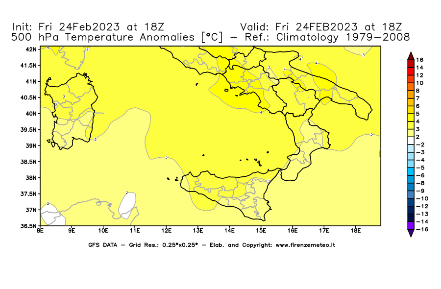 Mappa di analisi GFS - Anomalia Temperatura [°C] a 500 hPa in Sud-Italia
							del 24/02/2023 18 <!--googleoff: index-->UTC<!--googleon: index-->