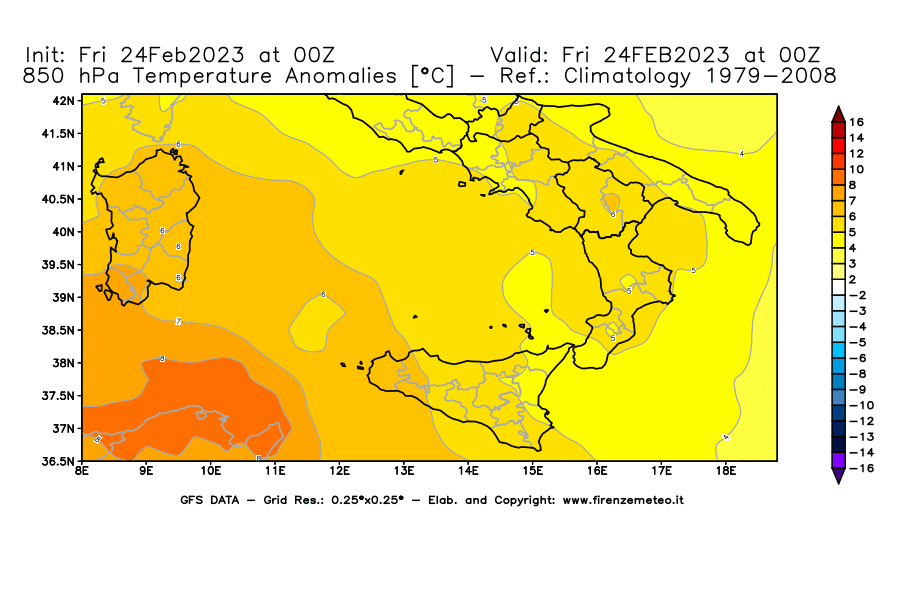 Mappa di analisi GFS - Anomalia Temperatura [°C] a 850 hPa in Sud-Italia
							del 24/02/2023 00 <!--googleoff: index-->UTC<!--googleon: index-->