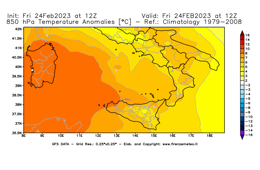 Mappa di analisi GFS - Anomalia Temperatura [°C] a 850 hPa in Sud-Italia
							del 24/02/2023 12 <!--googleoff: index-->UTC<!--googleon: index-->