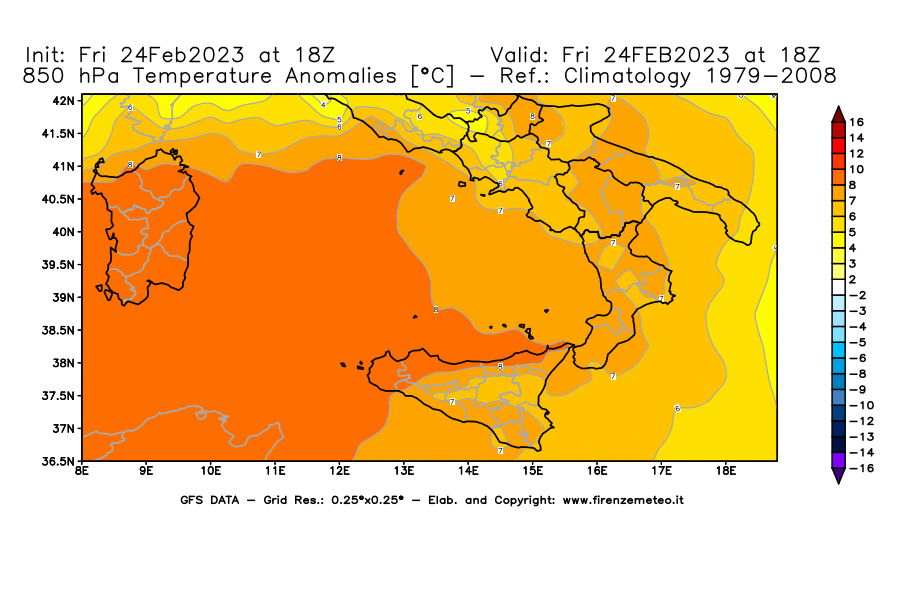 Mappa di analisi GFS - Anomalia Temperatura [°C] a 850 hPa in Sud-Italia
							del 24/02/2023 18 <!--googleoff: index-->UTC<!--googleon: index-->