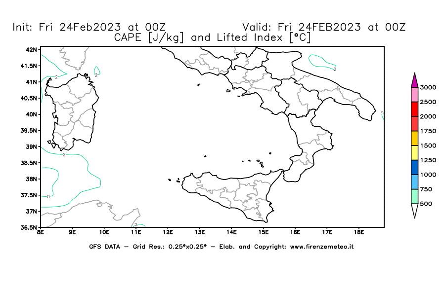 Mappa di analisi GFS - CAPE [J/kg] e Lifted Index [°C] in Sud-Italia
							del 24/02/2023 00 <!--googleoff: index-->UTC<!--googleon: index-->