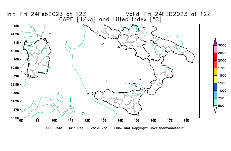 Mappa di analisi GFS - CAPE [J/kg] e Lifted Index [°C] in Sud-Italia
							del 24/02/2023 12 <!--googleoff: index-->UTC<!--googleon: index-->