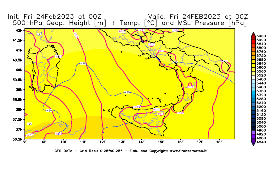 Mappa di analisi GFS - Geopotenziale [m] + Temp. [°C] a 500 hPa + Press. a livello del mare [hPa] in Sud-Italia
							del 24/02/2023 00 <!--googleoff: index-->UTC<!--googleon: index-->