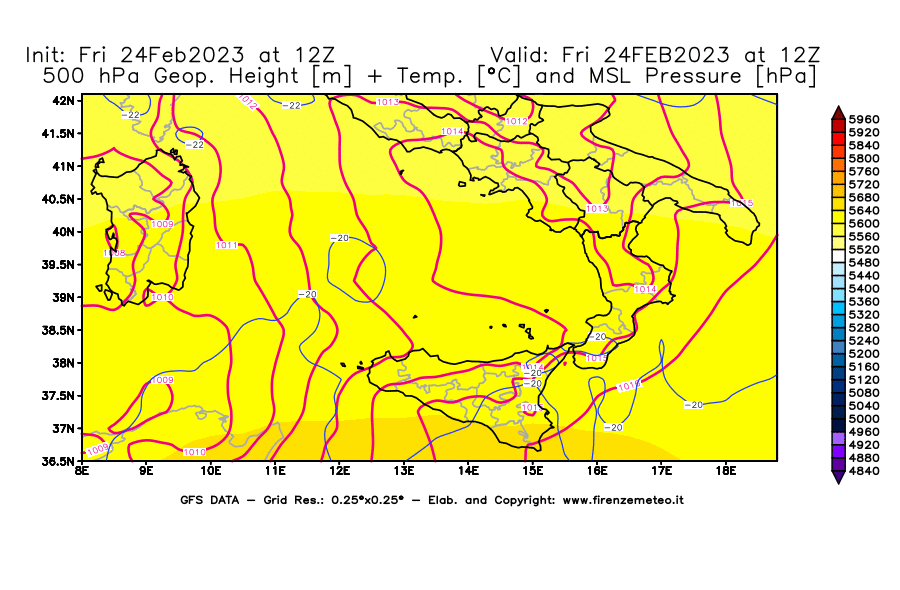 Mappa di analisi GFS - Geopotenziale [m] + Temp. [°C] a 500 hPa + Press. a livello del mare [hPa] in Sud-Italia
							del 24/02/2023 12 <!--googleoff: index-->UTC<!--googleon: index-->
