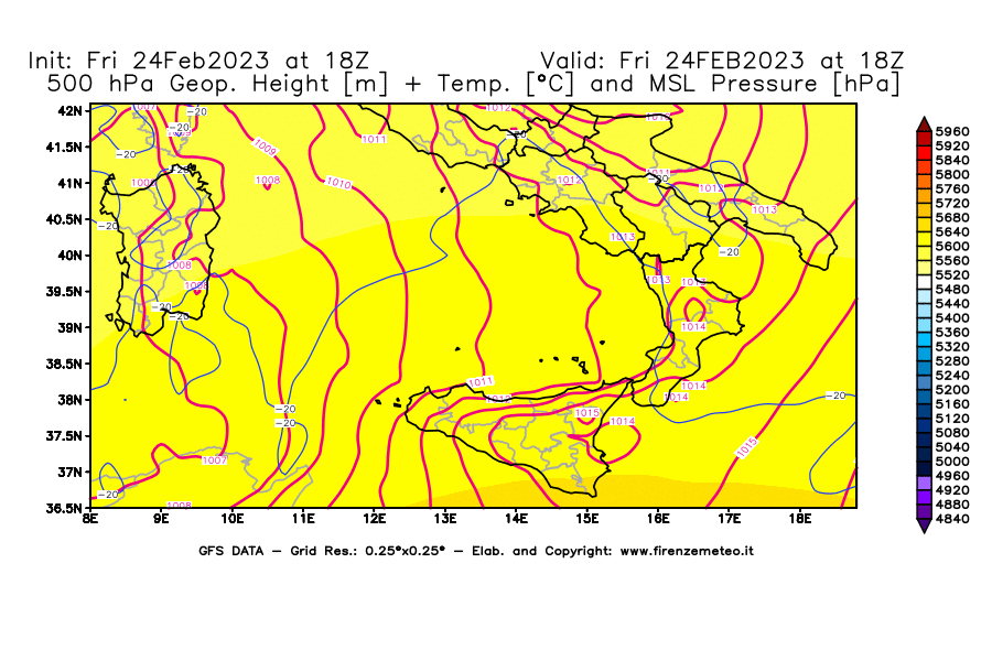 Mappa di analisi GFS - Geopotenziale [m] + Temp. [°C] a 500 hPa + Press. a livello del mare [hPa] in Sud-Italia
							del 24/02/2023 18 <!--googleoff: index-->UTC<!--googleon: index-->