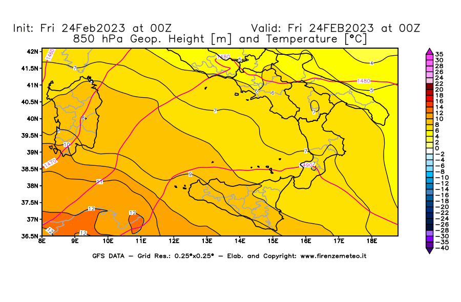 Mappa di analisi GFS - Geopotenziale [m] e Temperatura [°C] a 850 hPa in Sud-Italia
							del 24/02/2023 00 <!--googleoff: index-->UTC<!--googleon: index-->