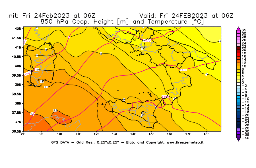 Mappa di analisi GFS - Geopotenziale [m] e Temperatura [°C] a 850 hPa in Sud-Italia
							del 24/02/2023 06 <!--googleoff: index-->UTC<!--googleon: index-->