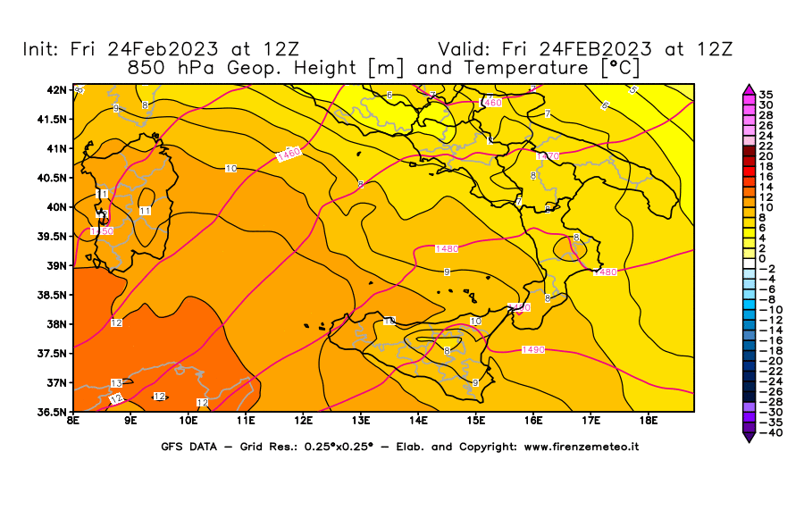 Mappa di analisi GFS - Geopotenziale [m] e Temperatura [°C] a 850 hPa in Sud-Italia
							del 24/02/2023 12 <!--googleoff: index-->UTC<!--googleon: index-->