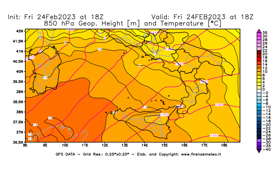Mappa di analisi GFS - Geopotenziale [m] e Temperatura [°C] a 850 hPa in Sud-Italia
							del 24/02/2023 18 <!--googleoff: index-->UTC<!--googleon: index-->