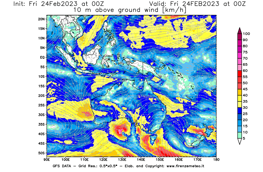 Mappa di analisi GFS - Velocità del vento a 10 metri dal suolo [km/h] in Oceania
							del 24/02/2023 00 <!--googleoff: index-->UTC<!--googleon: index-->