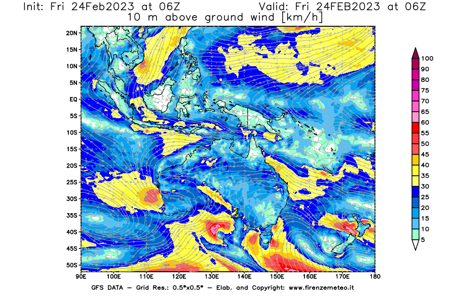 Mappa di analisi GFS - Velocità del vento a 10 metri dal suolo [km/h] in Oceania
							del 24/02/2023 06 <!--googleoff: index-->UTC<!--googleon: index-->