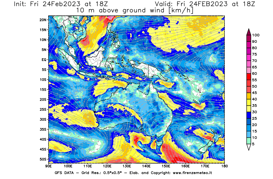 Mappa di analisi GFS - Velocità del vento a 10 metri dal suolo [km/h] in Oceania
							del 24/02/2023 18 <!--googleoff: index-->UTC<!--googleon: index-->