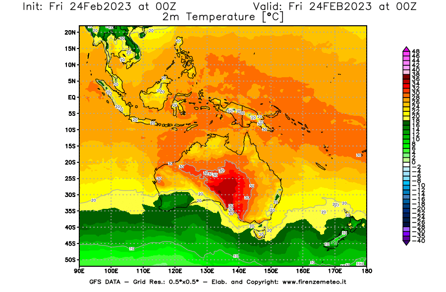 Mappa di analisi GFS - Temperatura a 2 metri dal suolo [°C] in Oceania
							del 24/02/2023 00 <!--googleoff: index-->UTC<!--googleon: index-->