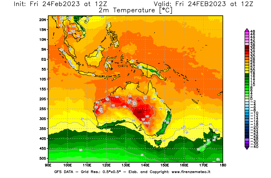 Mappa di analisi GFS - Temperatura a 2 metri dal suolo [°C] in Oceania
							del 24/02/2023 12 <!--googleoff: index-->UTC<!--googleon: index-->