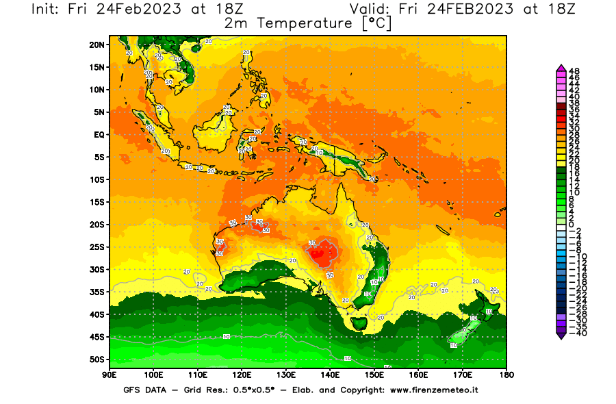 Mappa di analisi GFS - Temperatura a 2 metri dal suolo [°C] in Oceania
							del 24/02/2023 18 <!--googleoff: index-->UTC<!--googleon: index-->