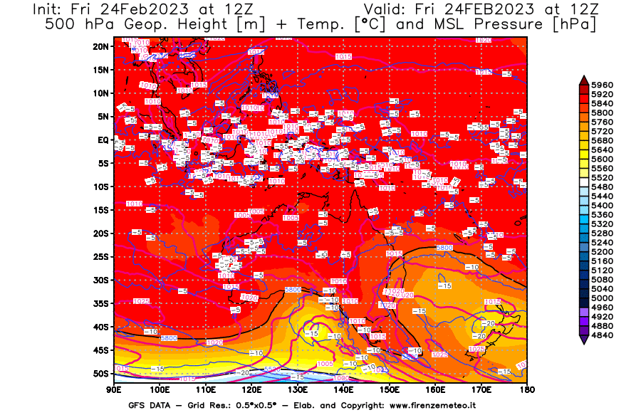 Mappa di analisi GFS - Geopotenziale [m] + Temp. [°C] a 500 hPa + Press. a livello del mare [hPa] in Oceania
							del 24/02/2023 12 <!--googleoff: index-->UTC<!--googleon: index-->