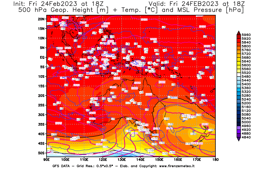 Mappa di analisi GFS - Geopotenziale [m] + Temp. [°C] a 500 hPa + Press. a livello del mare [hPa] in Oceania
							del 24/02/2023 18 <!--googleoff: index-->UTC<!--googleon: index-->