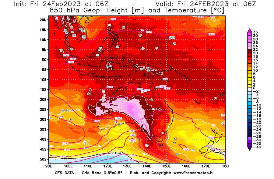 Mappa di analisi GFS - Geopotenziale [m] e Temperatura [°C] a 850 hPa in Oceania
							del 24/02/2023 06 <!--googleoff: index-->UTC<!--googleon: index-->