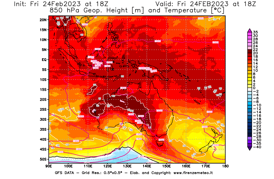 Mappa di analisi GFS - Geopotenziale [m] e Temperatura [°C] a 850 hPa in Oceania
							del 24/02/2023 18 <!--googleoff: index-->UTC<!--googleon: index-->