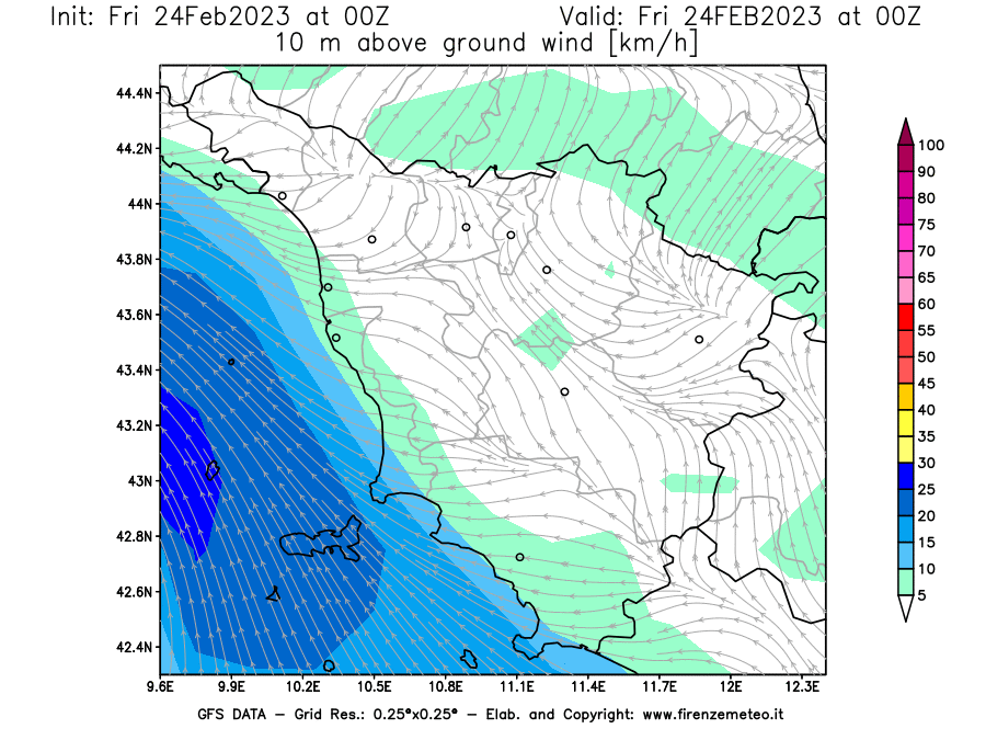 Mappa di analisi GFS - Velocità del vento a 10 metri dal suolo [km/h] in Toscana
							del 24/02/2023 00 <!--googleoff: index-->UTC<!--googleon: index-->