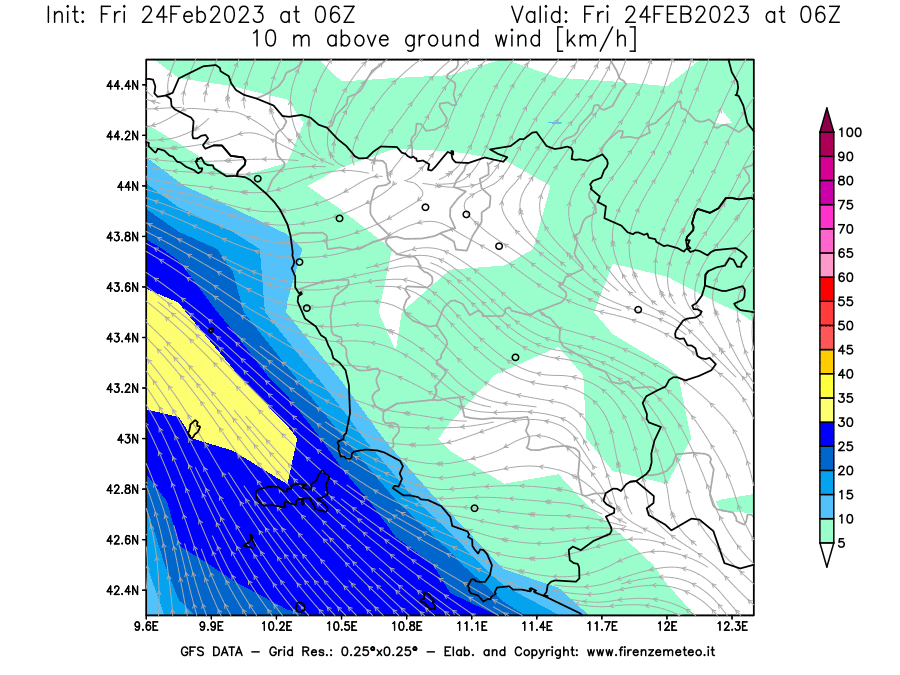Mappa di analisi GFS - Velocità del vento a 10 metri dal suolo [km/h] in Toscana
							del 24/02/2023 06 <!--googleoff: index-->UTC<!--googleon: index-->