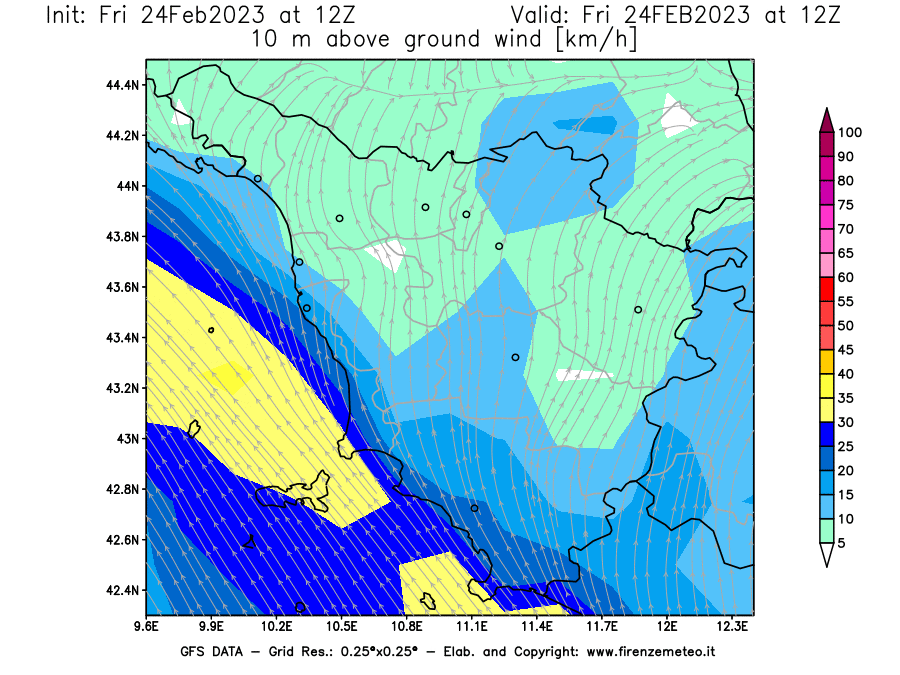 Mappa di analisi GFS - Velocità del vento a 10 metri dal suolo [km/h] in Toscana
							del 24/02/2023 12 <!--googleoff: index-->UTC<!--googleon: index-->
