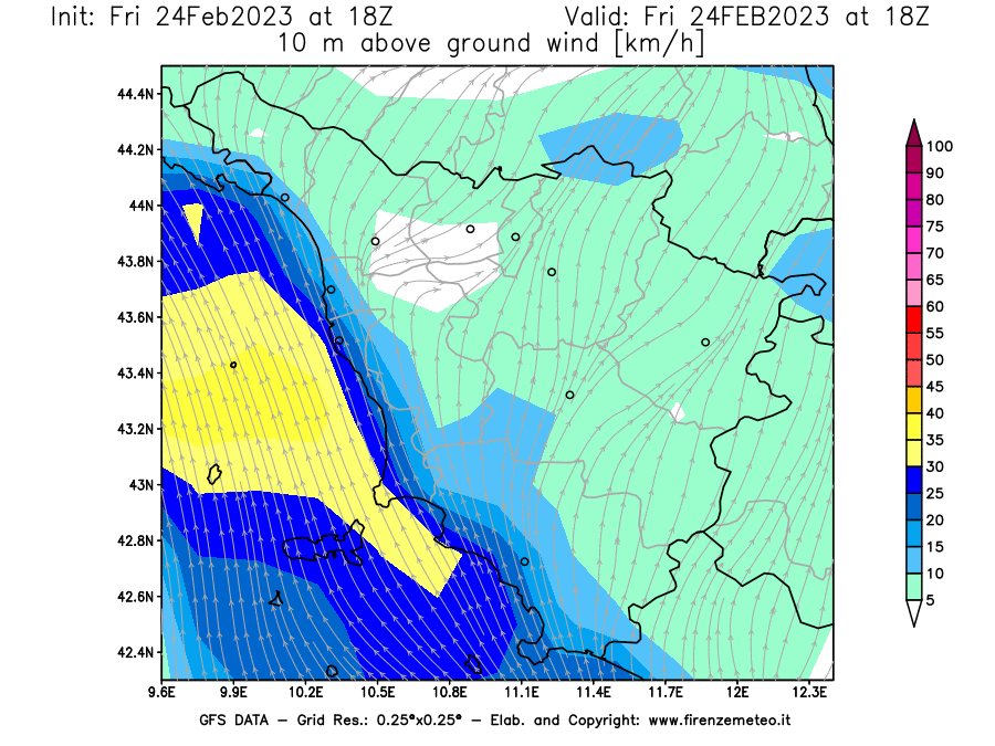 Mappa di analisi GFS - Velocità del vento a 10 metri dal suolo [km/h] in Toscana
							del 24/02/2023 18 <!--googleoff: index-->UTC<!--googleon: index-->