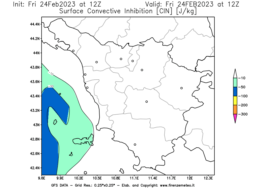 Mappa di analisi GFS - CIN [J/kg] in Toscana
							del 24/02/2023 12 <!--googleoff: index-->UTC<!--googleon: index-->