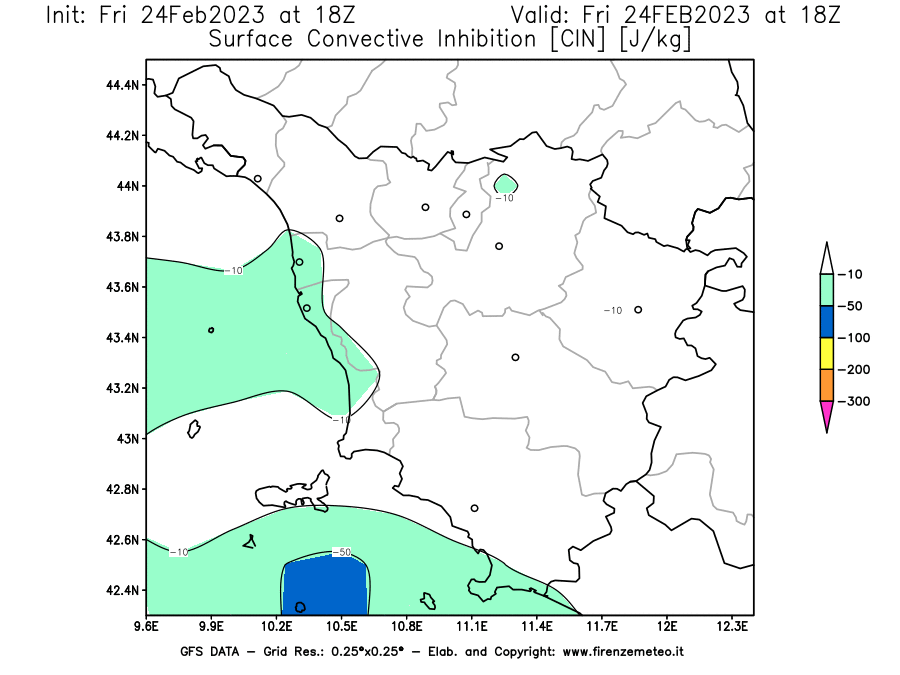 Mappa di analisi GFS - CIN [J/kg] in Toscana
							del 24/02/2023 18 <!--googleoff: index-->UTC<!--googleon: index-->
