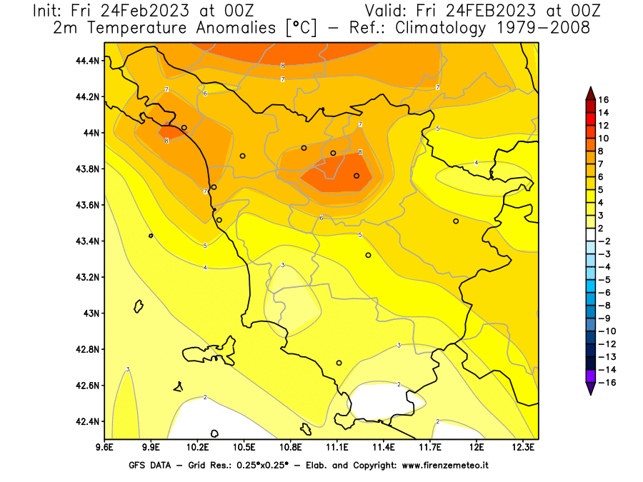 Mappa di analisi GFS - Anomalia Temperatura [°C] a 2 m in Toscana
							del 24/02/2023 00 <!--googleoff: index-->UTC<!--googleon: index-->