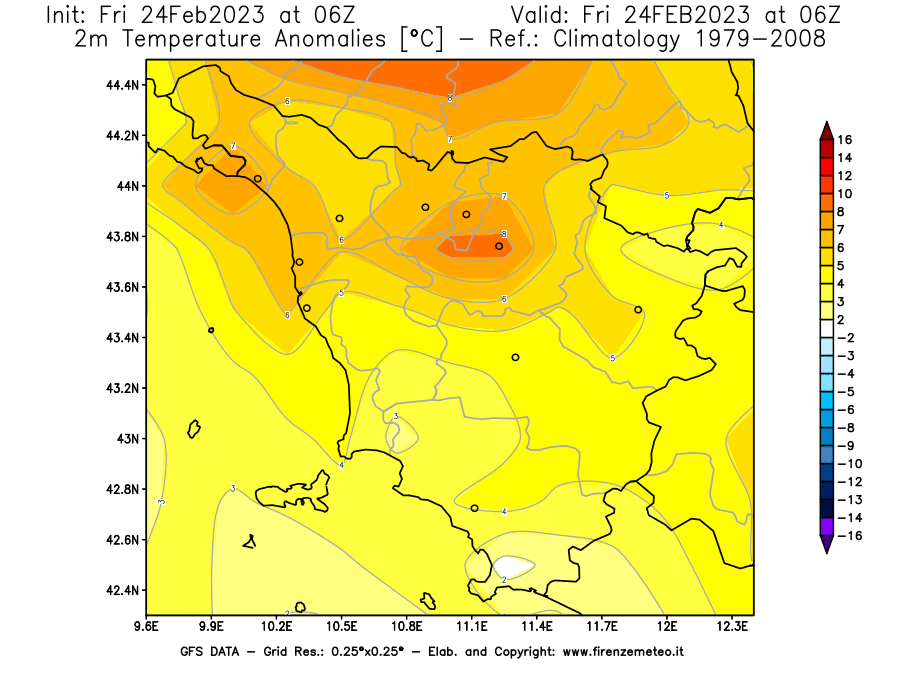 Mappa di analisi GFS - Anomalia Temperatura [°C] a 2 m in Toscana
							del 24/02/2023 06 <!--googleoff: index-->UTC<!--googleon: index-->