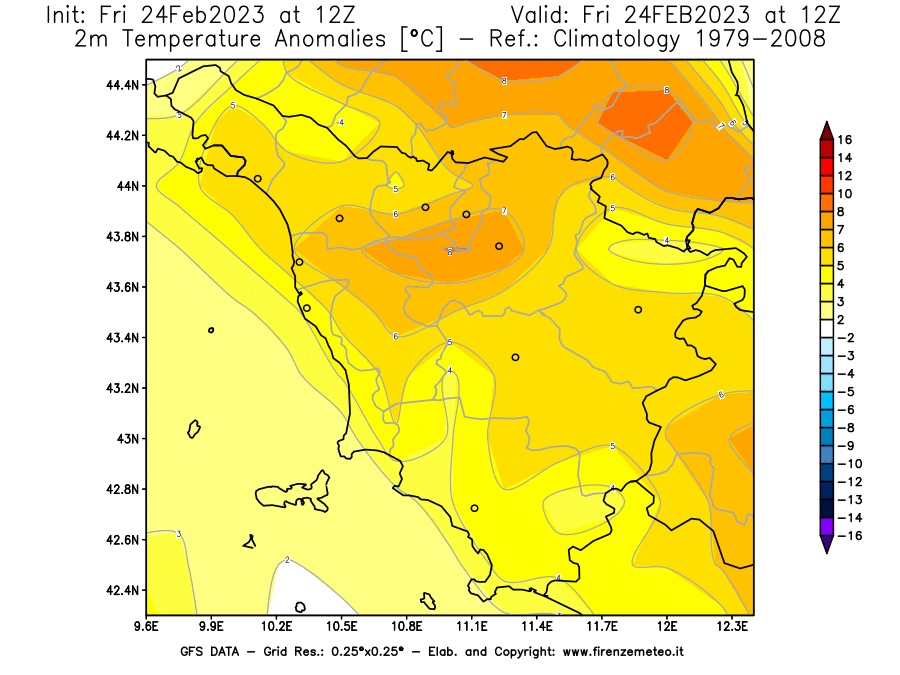 Mappa di analisi GFS - Anomalia Temperatura [°C] a 2 m in Toscana
							del 24/02/2023 12 <!--googleoff: index-->UTC<!--googleon: index-->