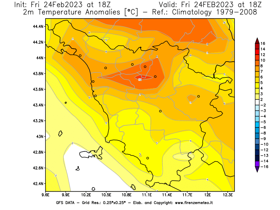 Mappa di analisi GFS - Anomalia Temperatura [°C] a 2 m in Toscana
							del 24/02/2023 18 <!--googleoff: index-->UTC<!--googleon: index-->