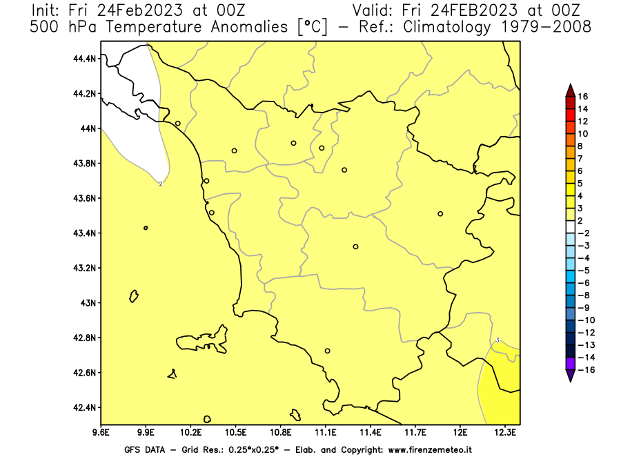 Mappa di analisi GFS - Anomalia Temperatura [°C] a 500 hPa in Toscana
							del 24/02/2023 00 <!--googleoff: index-->UTC<!--googleon: index-->