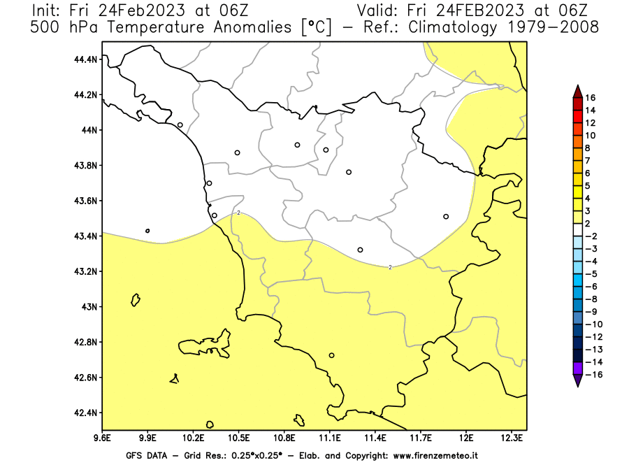 Mappa di analisi GFS - Anomalia Temperatura [°C] a 500 hPa in Toscana
							del 24/02/2023 06 <!--googleoff: index-->UTC<!--googleon: index-->