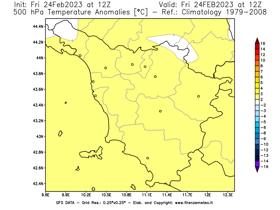 Mappa di analisi GFS - Anomalia Temperatura [°C] a 500 hPa in Toscana
							del 24/02/2023 12 <!--googleoff: index-->UTC<!--googleon: index-->
