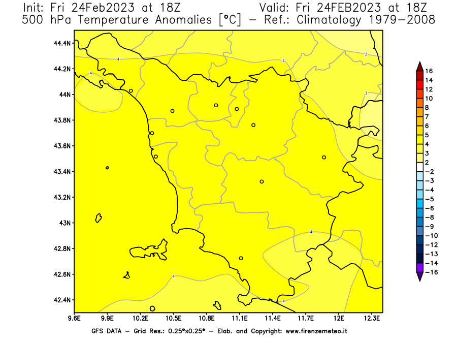 Mappa di analisi GFS - Anomalia Temperatura [°C] a 500 hPa in Toscana
							del 24/02/2023 18 <!--googleoff: index-->UTC<!--googleon: index-->