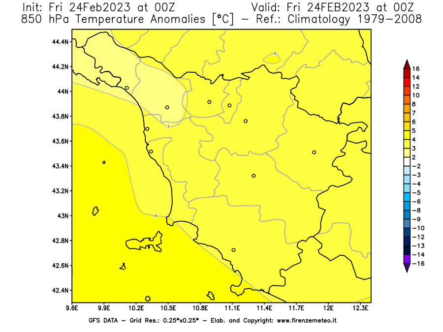 Mappa di analisi GFS - Anomalia Temperatura [°C] a 850 hPa in Toscana
							del 24/02/2023 00 <!--googleoff: index-->UTC<!--googleon: index-->