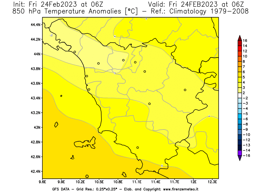 Mappa di analisi GFS - Anomalia Temperatura [°C] a 850 hPa in Toscana
							del 24/02/2023 06 <!--googleoff: index-->UTC<!--googleon: index-->