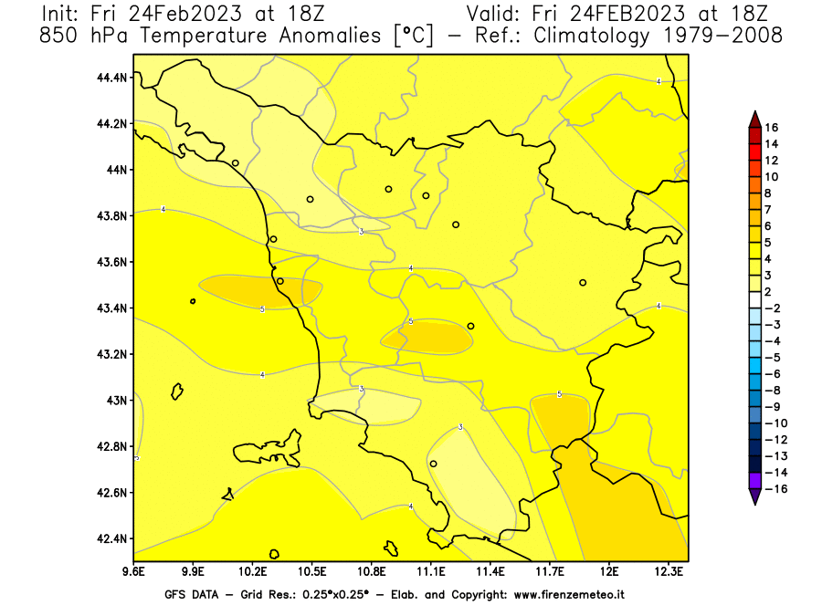 Mappa di analisi GFS - Anomalia Temperatura [°C] a 850 hPa in Toscana
							del 24/02/2023 18 <!--googleoff: index-->UTC<!--googleon: index-->