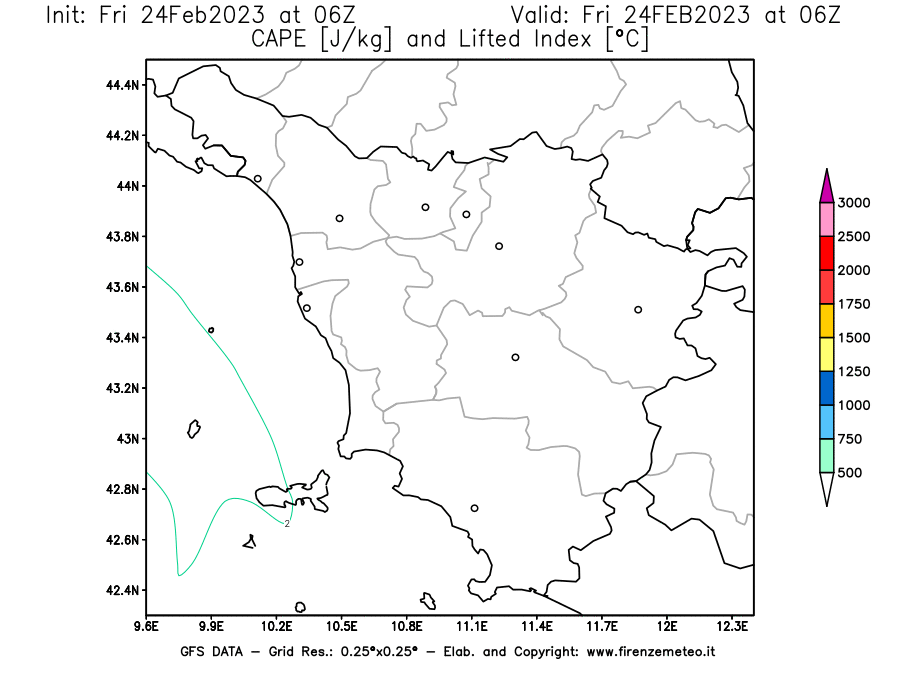Mappa di analisi GFS - CAPE [J/kg] e Lifted Index [°C] in Toscana
							del 24/02/2023 06 <!--googleoff: index-->UTC<!--googleon: index-->