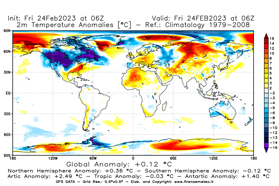 Mappa di analisi GFS - Anomalia Temperatura [°C] a 2 m in World
							del 24/02/2023 06 <!--googleoff: index-->UTC<!--googleon: index-->