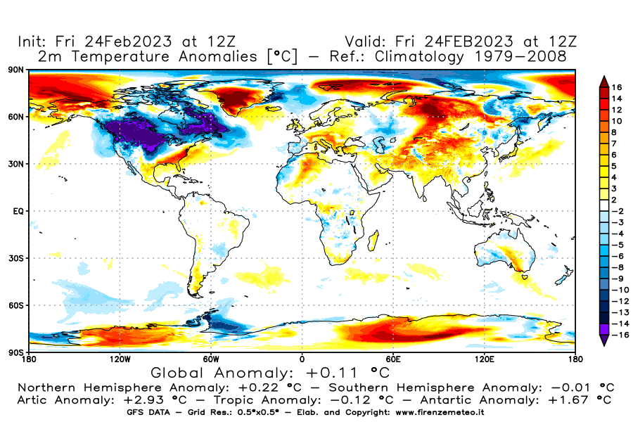 Mappa di analisi GFS - Anomalia Temperatura [°C] a 2 m in World
							del 24/02/2023 12 <!--googleoff: index-->UTC<!--googleon: index-->