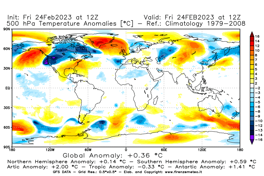Mappa di analisi GFS - Anomalia Temperatura [°C] a 500 hPa in World
							del 24/02/2023 12 <!--googleoff: index-->UTC<!--googleon: index-->