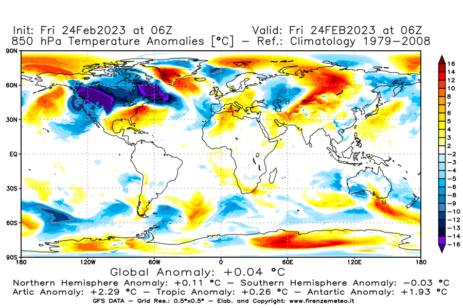 Mappa di analisi GFS - Anomalia Temperatura [°C] a 850 hPa in World
							del 24/02/2023 06 <!--googleoff: index-->UTC<!--googleon: index-->
