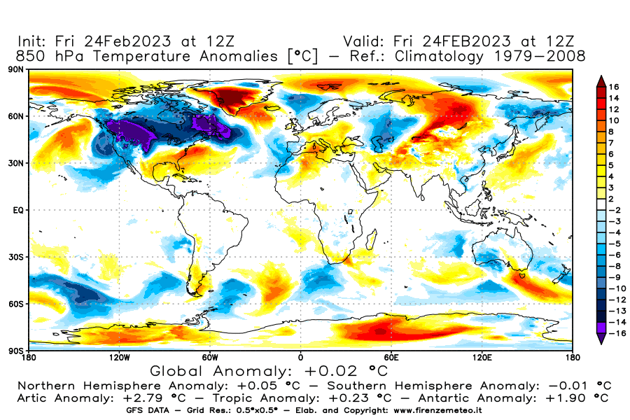 Mappa di analisi GFS - Anomalia Temperatura [°C] a 850 hPa in World
							del 24/02/2023 12 <!--googleoff: index-->UTC<!--googleon: index-->