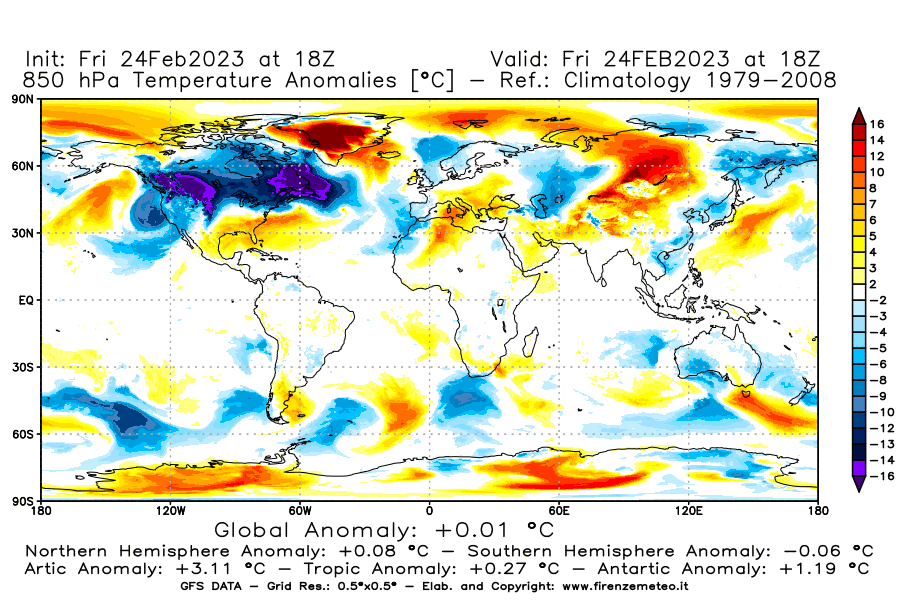 Mappa di analisi GFS - Anomalia Temperatura [°C] a 850 hPa in World
							del 24/02/2023 18 <!--googleoff: index-->UTC<!--googleon: index-->