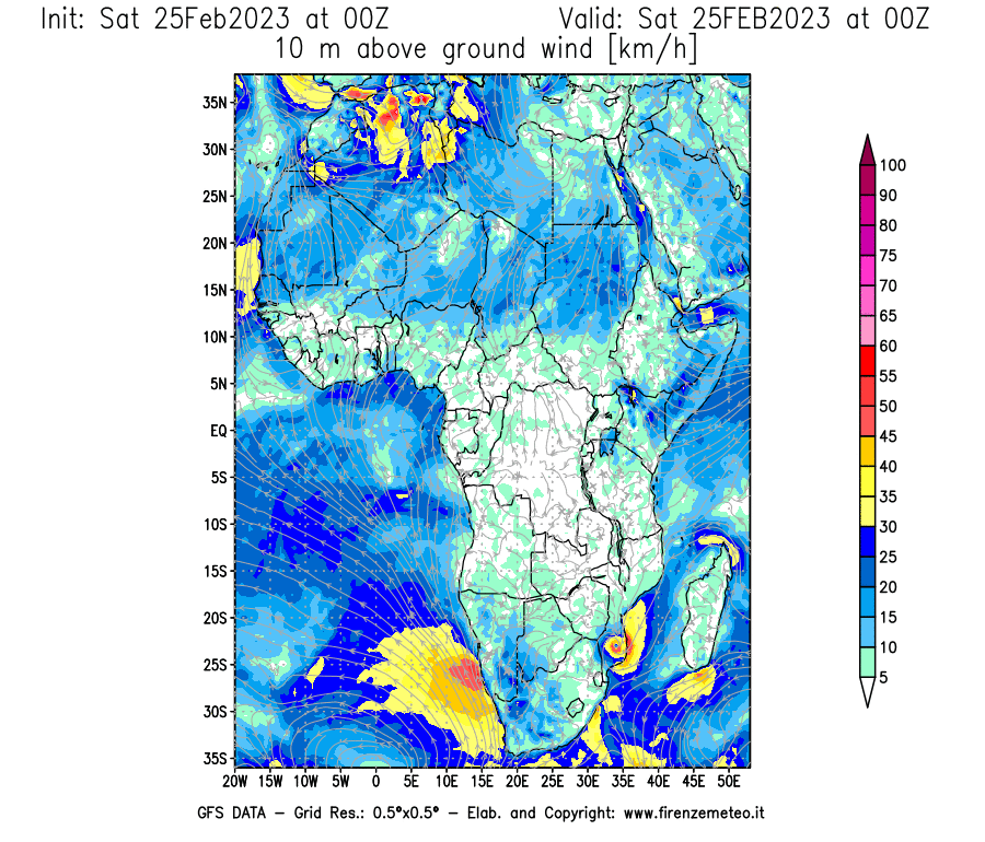 Mappa di analisi GFS - Velocità del vento a 10 metri dal suolo [km/h] in Africa
							del 25/02/2023 00 <!--googleoff: index-->UTC<!--googleon: index-->